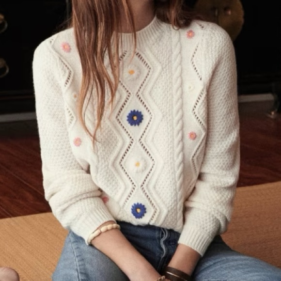 Sezane Sweaters - SEZANE White Zacharie Wool Jumper Sweater Floral Embroidered Cable Knit NWT